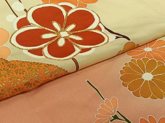 平和屋着物▽訪問着 単衣 駒刺繍 扇面花文 暈し染め 金彩 正絹 逸品 AABL3996jh