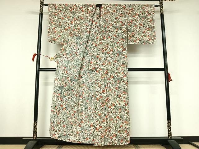 平和屋着物▽上質な小紋 単衣 型染め 風景花文 鬼しぼ縮緬 正絹 逸品 AABL4012jh