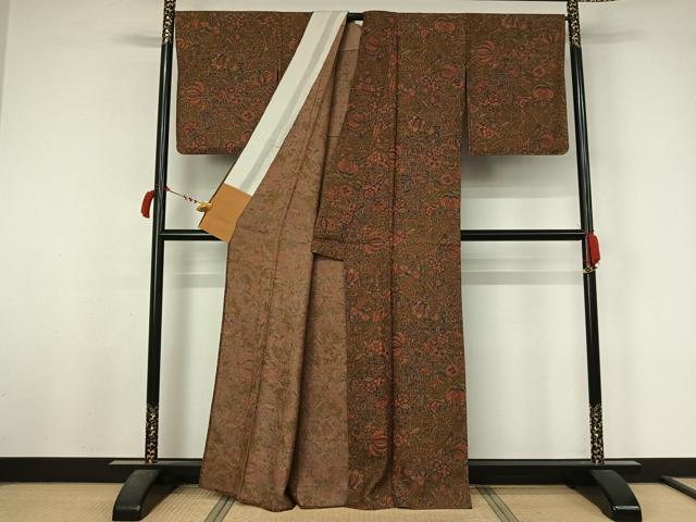 平和屋着物▽上質な小紋 単衣 更紗花文 正絹 逸品 AABL4017jh