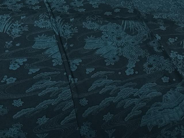 平和屋着物▽訪問着 単衣 本藍 流水風景花文 鬼しぼ縮緬 正絹 逸品 AABL4018jh