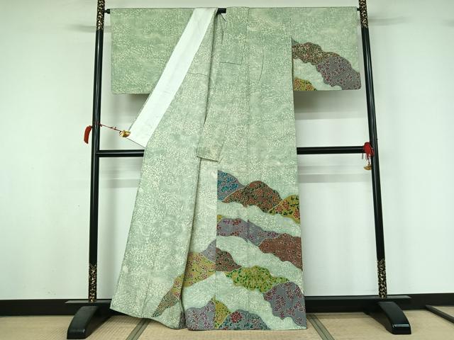 平和屋着物▽訪問着 単衣 紬地 手描き 花唐草文 正絹 逸品 AABL4020jh
