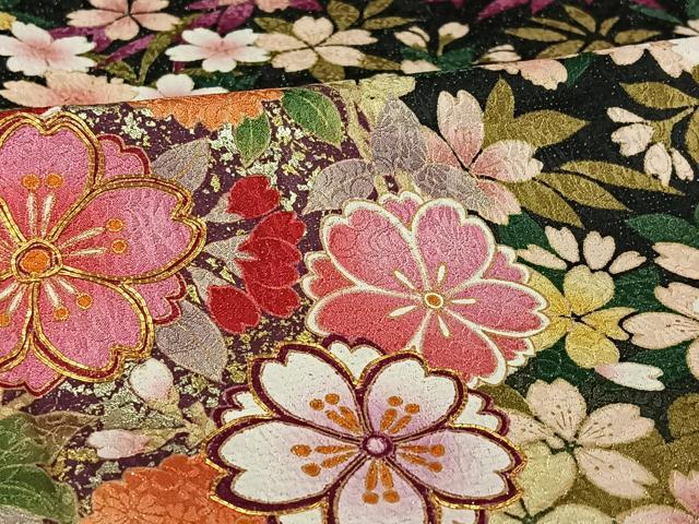 平和屋着物▽訪問着 単衣 駒刺繍 草花文 黒地 金銀彩 銀通し地 正絹 逸品 AABL4027jh