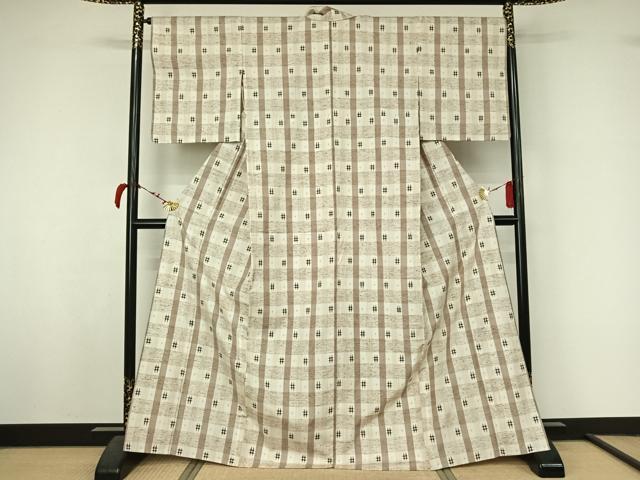 平和屋着物▽ぜんまい紬 単衣 井桁絣 正絹 逸品 AABL4033jh