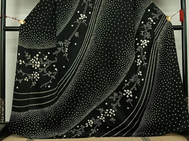 平和屋着物▽訪問着 単衣 総絞り 枝花文 黒地 正絹 逸品 AABL4036jh