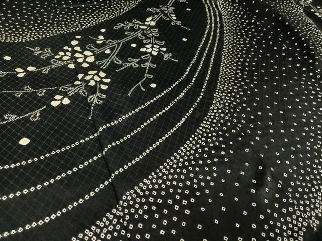 平和屋着物▽訪問着 単衣 総絞り 枝花文 黒地 正絹 逸品 AABL4036jh