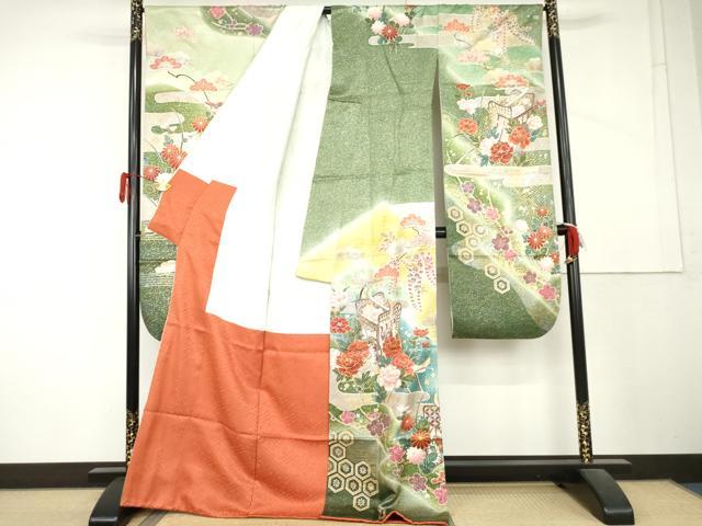 平和屋着物●豪華振袖 駒刺繍 御所車草花文 暈し染め 金銀彩 正絹 逸品 AABL4041cs