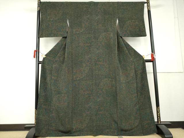 平和屋着物●上質な小紋 更利作 鳥獣更紗花文 鬼しぼ縮緬 正絹 逸品 AABL4050cs