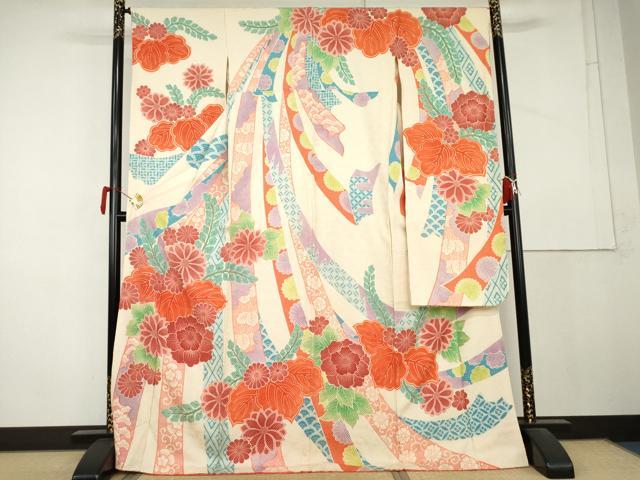 平和屋着物●名門 藤娘きぬたや・総絞り 振袖 蔓帯花桐文 ロング丈 正絹 逸品 AABL4066cs