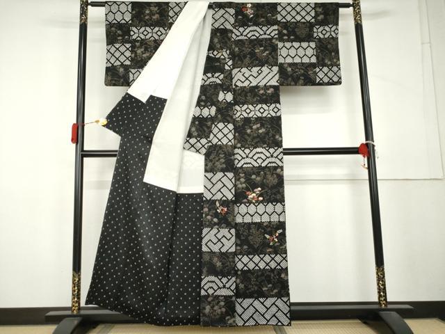 平和屋着物●訪問着 絞り 刺繍 横段吉祥花文 黒地 金糸 金彩 正絹 逸品 AABL4069cs