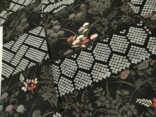 平和屋着物●訪問着 絞り 刺繍 横段吉祥花文 黒地 金糸 金彩 正絹 逸品 AABL4069cs