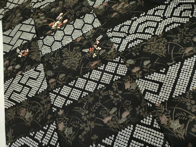 平和屋着物●訪問着 絞り 刺繍 横段吉祥花文 黒地 金糸 金彩 正絹 逸品 AABL4069cs