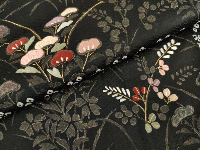 平和屋着物●訪問着 絞り 刺繍 横段吉祥花文 黒地 金糸 金彩 正絹 逸品 AABL4069cs