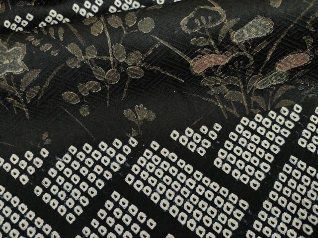 平和屋着物●訪問着 絞り 刺繍 横段吉祥花文 黒地 金糸 金彩 正絹 逸品 AABL4069cs