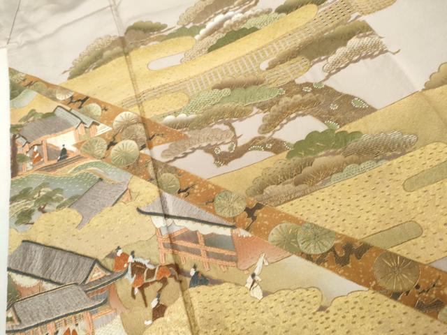 平和屋着物●中国三大刺繍 スワトウ刺繍 汕頭刺繍 総刺繍 色留訪問着 人物風景文 金糸 金彩 正絹 逸品 AABL4072cs