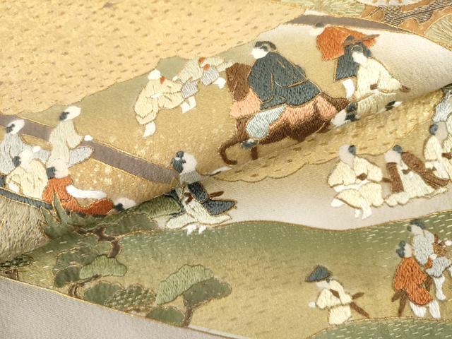 平和屋着物●中国三大刺繍 スワトウ刺繍 汕頭刺繍 総刺繍 色留訪問着 人物風景文 金糸 金彩 正絹 逸品 AABL4072cs