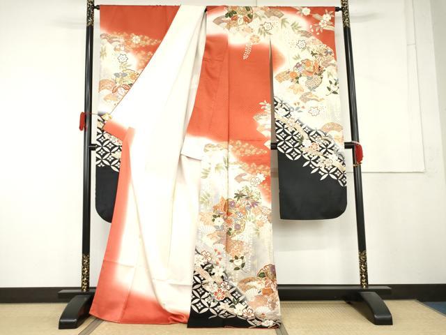 平和屋着物●豪華振袖 駒刺繍 扇面雪輪花蝶文 暈し染め 金彩 ロング丈 正絹 逸品 AABL4080cs