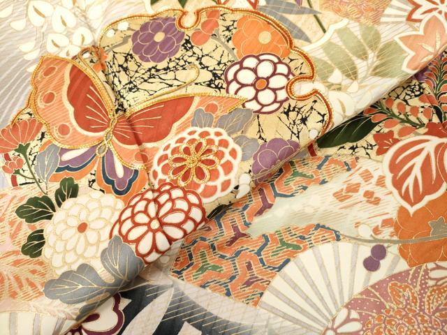平和屋着物●豪華振袖 駒刺繍 扇面雪輪花蝶文 暈し染め 金彩 ロング丈 正絹 逸品 AABL4080cs