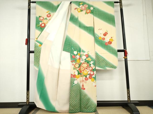 平和屋着物●豪華振袖 駒刺繍 飾花文 暈し染め 金彩 金通し地 正絹 逸品 AABL4086cs
