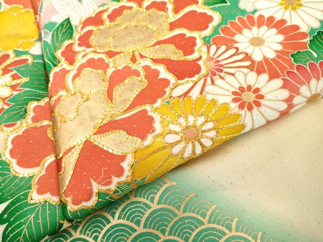 平和屋着物●豪華振袖 駒刺繍 飾花文 暈し染め 金彩 金通し地 正絹 逸品 AABL4086cs