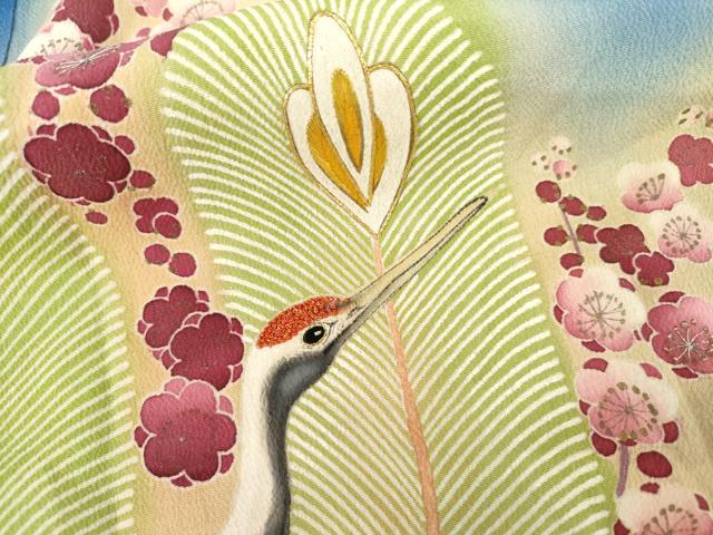 平和屋本店●アンティーク 大正ロマン 振袖 中国三大刺繍 相良刺繍 駒刺繍 飛鶴花松文 暈し染め 金糸 金彩 正絹 逸品 AABL4097cs