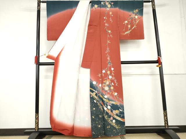 平和屋着物●訪問着 蔓帯枝垂れ花文 暈し染め 金銀彩 鬼しぼ縮緬 正絹 逸品 AABL4111cs
