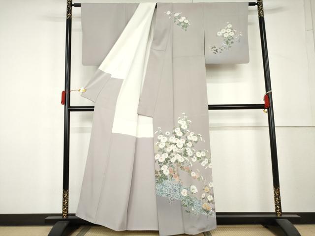 平和屋着物●熊野桂堂 友禅 蝋纈染 訪問着 流水枝花文 暈し染め 正絹 逸品 AABL4138cs