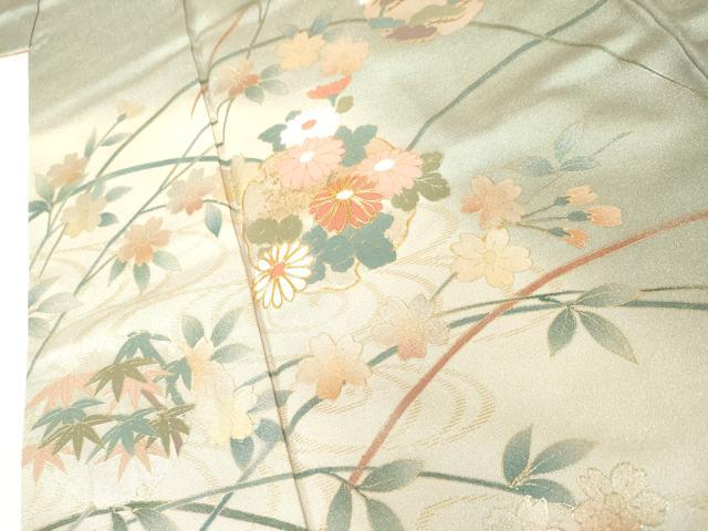 平和屋着物●訪問着 駒刺繍 流水雪輪花文 暈し染め 金彩 金通し地 正絹 逸品 AABL4140cs