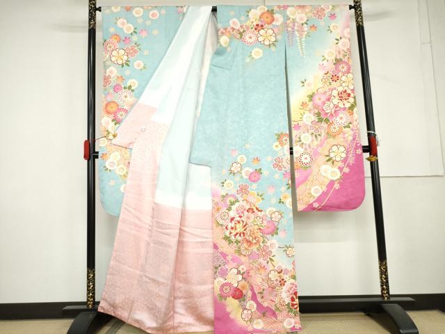 平和屋着物●豪華振袖 刺繍 花毬文 暈し染め 金糸 金彩 正絹 逸品 AABL4143cs