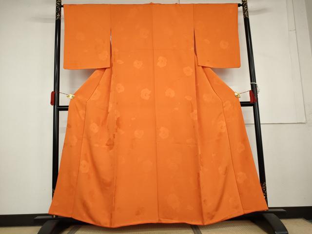 平和屋着物●上質な色無地 草花地紋 橙色 正絹 逸品 AABL4146cs