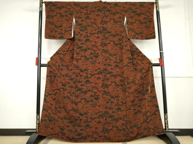 平和屋着物●宮内庁御用達 赤城右堂 小紋 草花文 鬼しぼ縮緬 正絹 逸品 AABL4166cs