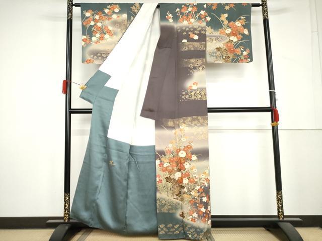 平和屋着物●英王室献上友禅作家 木下勝功 訪問着 駒刺繍 枝花文 暈し染め 金糸 金彩 正絹 逸品 AABL4167cs