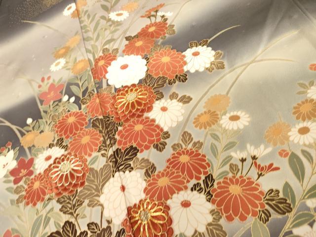 平和屋着物●英王室献上友禅作家 木下勝功 訪問着 駒刺繍 枝花文 暈し染め 金糸 金彩 正絹 逸品 AABL4167cs