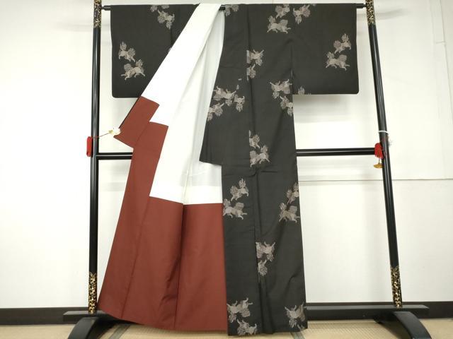 平和屋着物●本場大島紬 純泥染 9マルキ 地空き 唐獅子 黒地 証紙付き 正絹 逸品 AABL4179cs