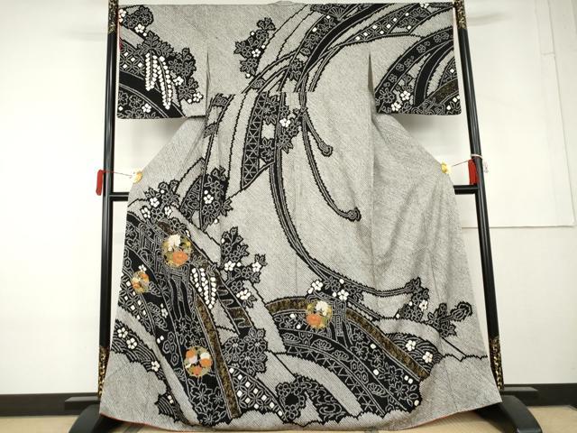 平和屋着物●訪問着 総絞り 刺繍 御所車花丸文 黒地 金糸 金彩 そごう扱い 正絹 逸品 AABL4181cs