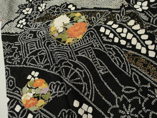 平和屋着物●訪問着 総絞り 刺繍 御所車花丸文 黒地 金糸 金彩 そごう扱い 正絹 逸品 AABL4181cs
