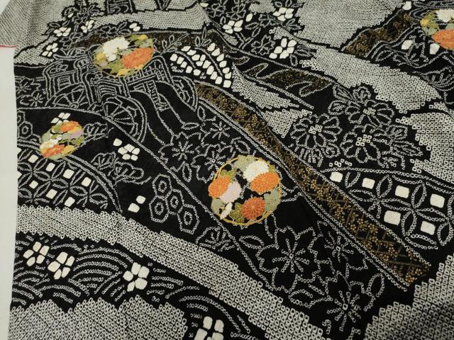 平和屋着物●訪問着 総絞り 刺繍 御所車花丸文 黒地 金糸 金彩 そごう扱い 正絹 逸品 AABL4181cs