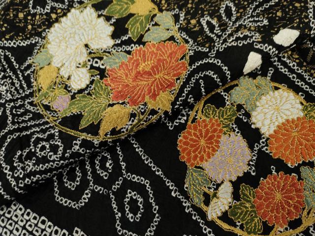 平和屋着物●訪問着 総絞り 刺繍 御所車花丸文 黒地 金糸 金彩 そごう扱い 正絹 逸品 AABL4181cs