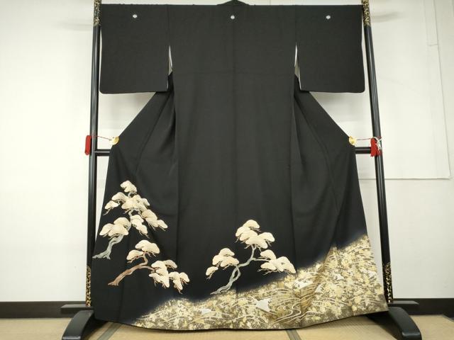 平和屋着物●豪華黒留袖 駒刺繍 枝松文 金彩 正絹 逸品 AABL4189cs