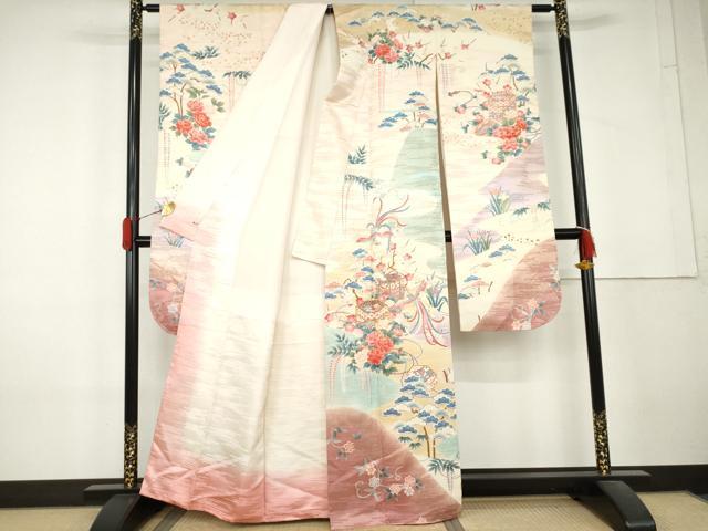 平和屋着物●豪華振袖 駒刺繍 貝桶鳳凰草花文 暈し染め 金彩 三越扱い 正絹 逸品 AABL4192cs