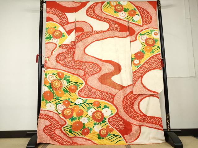 平和屋着物●豪華振袖 絞り 駒刺繍 立波草花文 金彩 正絹 逸品 AABL4213cs