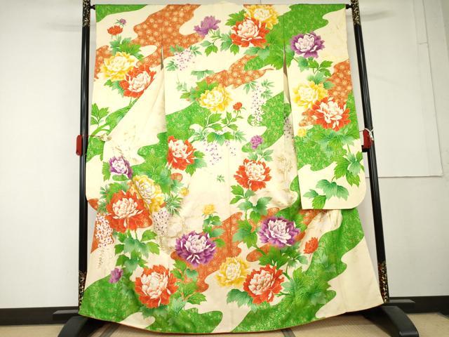 平和屋着物●豪華振袖 駒刺繍 枝花文 金彩 正絹 逸品 AABL4225cs