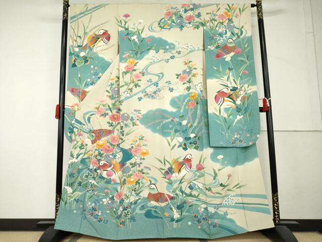 平和屋着物●京加賀友禅 松本健一 振袖 流水鴛鴦草花文 正絹 逸品 AABL4226cs