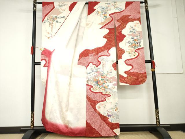 平和屋着物●豪華振袖 絞り 駒刺繍 御所車鴛鴦花文 金彩 正絹 逸品 AABL4229cs