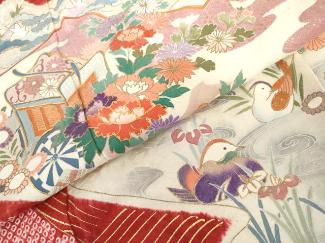 平和屋着物●豪華振袖 絞り 駒刺繍 御所車鴛鴦花文 金彩 正絹 逸品 AABL4229cs