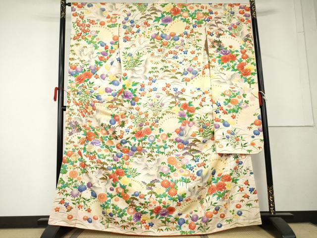 平和屋着物●豪華振袖 駒刺繍 檜扇飛鶴草花文 金彩 正絹 逸品 AABL4231cs