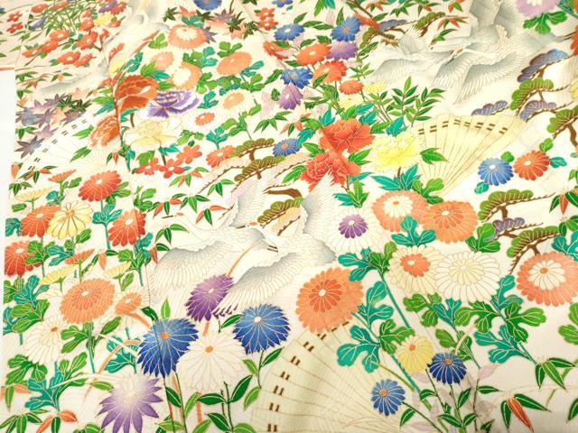 平和屋着物●豪華振袖 駒刺繍 檜扇飛鶴草花文 金彩 正絹 逸品 AABL4231cs