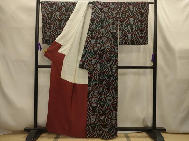 平和屋着物■上質な小紋 絞り 立波文 黒地 正絹 逸品 AABL4246sx