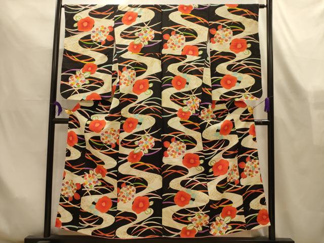 平和屋着物■上質な小紋 流水花文 黒地 金彩 正絹 逸品 AABL4274sx