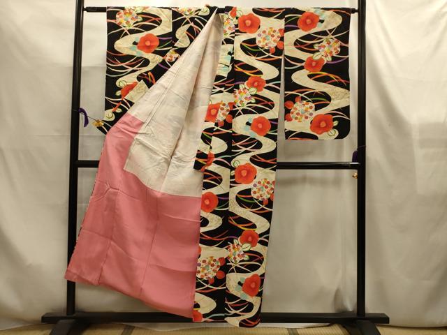 平和屋着物■上質な小紋 流水花文 黒地 金彩 正絹 逸品 AABL4274sx
