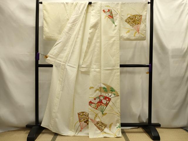 平和屋着物▽訪問着 単衣 扇面松花文 金彩 洗える着物 AABL4349sx